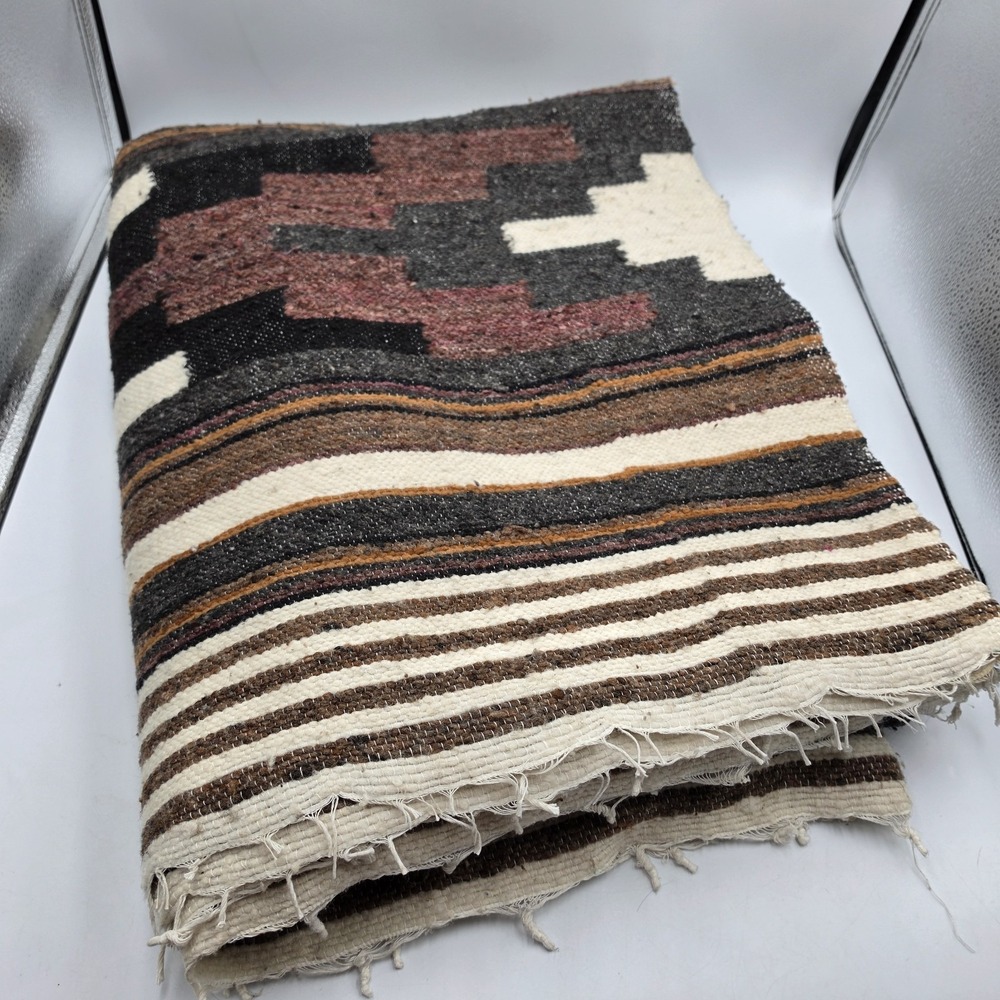 Vtg Saddle Blanket Hand Woven Wool Blnd Southwestern Gometric Kilim Fringe 64x80